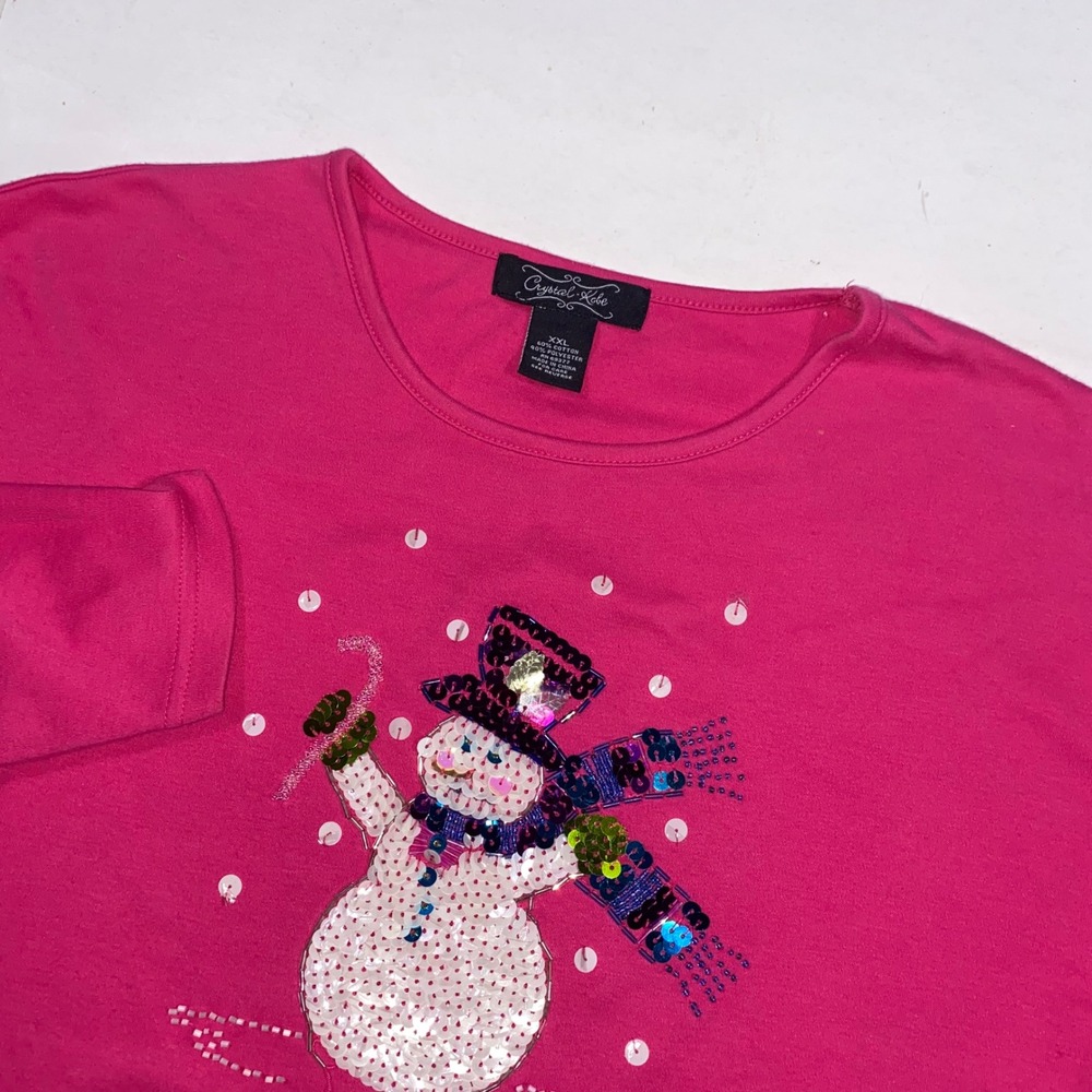Crystal Kade Pink Snowman Sequin Long Sleeve Shirt Women's XXL